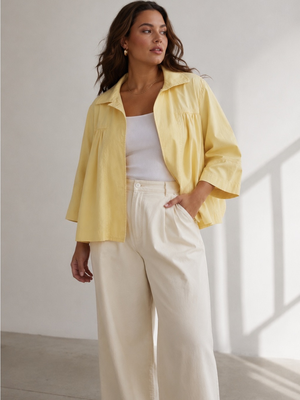 Sandro Jacket Cotton Blend Gathered Swing XL Pale Yellow Button Up Coat
